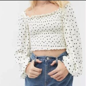 Urban Outfitters Cream and Black Crop Blouse with Puff Sleeves